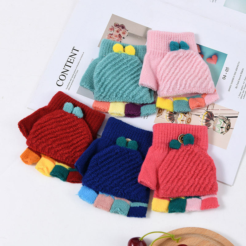 Autumn and Winter Children's flip knitted gloves half finger dual-purpose Boys and Girls cute warm exposed fingers children students wholesale