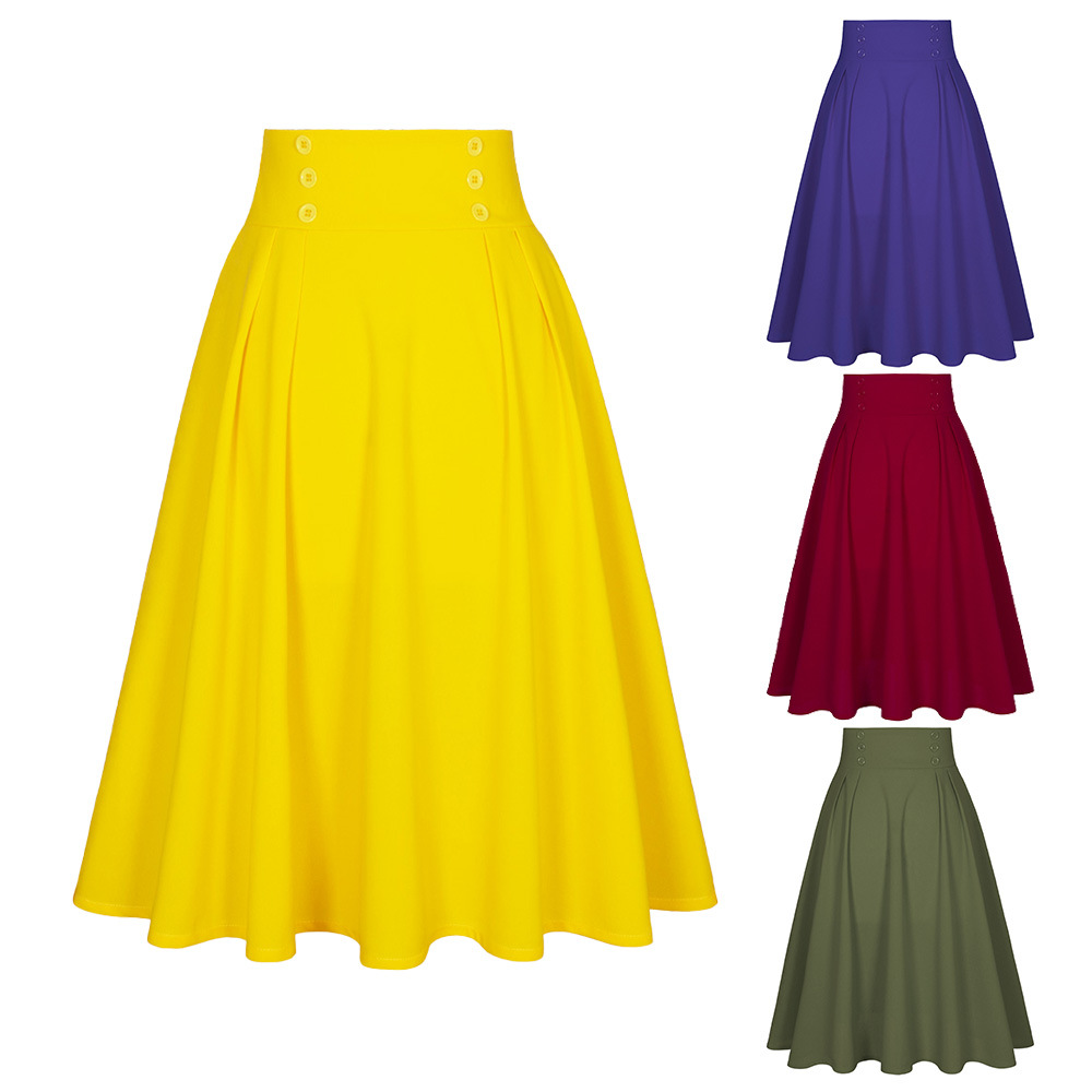 Summer Women's Elastic Waist Mid-Length Skirt with Buttons and Large Hem
