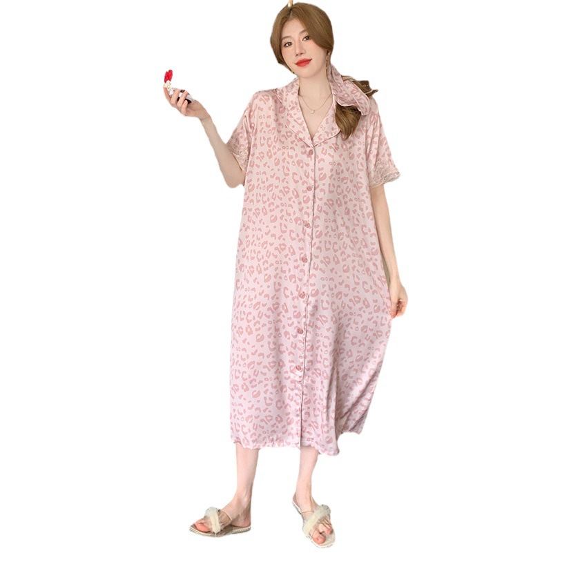 Cross-border Summer New Leopard Light Luxury Sexy Lace Ice Silk Short Sleeve Nightdress Ladies High-end Sense Home Clothes Wholesale