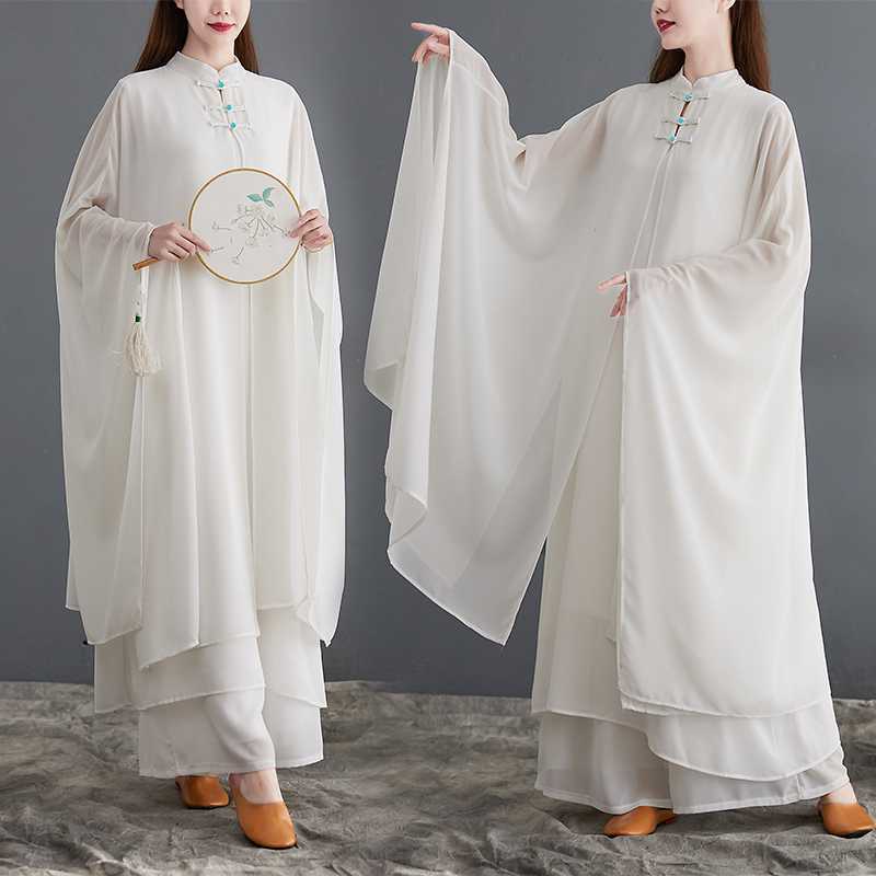Women's Spring and Autumn Fairy Zen Dance Dress White Yoga Tai Chi dress Two-piece Set
