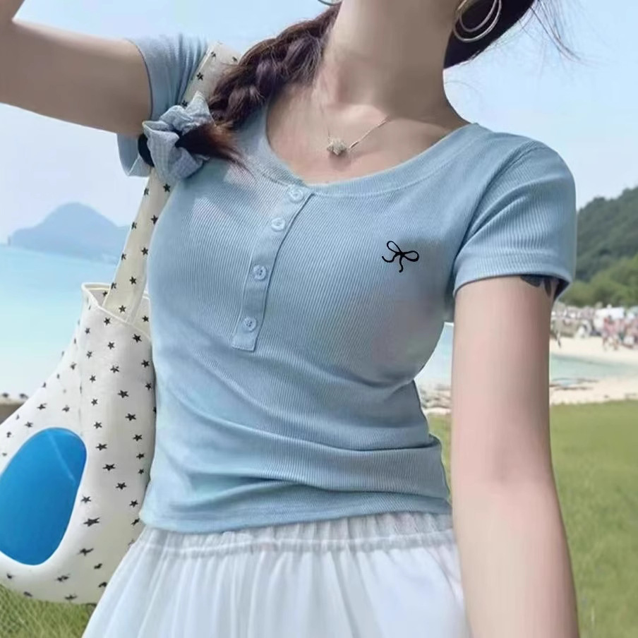 2025 Summer Spice Girls Pure Desire Bow Embroidered V-neck Short-sleeved T-shirt Women's Slim-fit Slimming All-match Fashionable Student Top