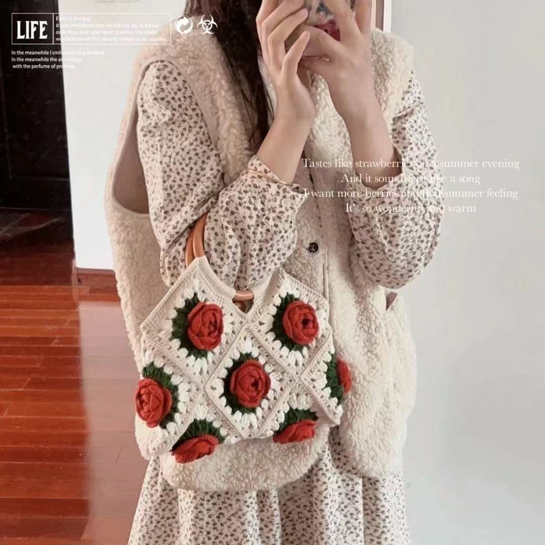 Handmade Retro Woven Rose Handbag Material Bag Douyin Xiaohongshu Same Style Versatile Fashion Casual DIY