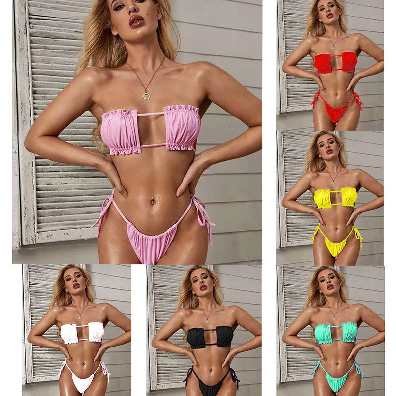 2021 Hot Selling European and American Foreign Trade Amazon AliExpress Solid Color Lace-up Split Swimsuit Women Sexy Bikini