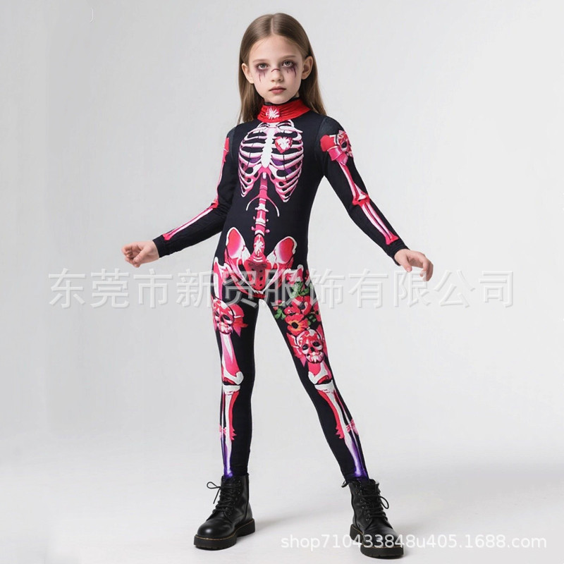 Halloween Women's Rose Skull Jumpsuit Ghost Bride Dress up Costume Children's Printed Skeleton Party Performance Costume