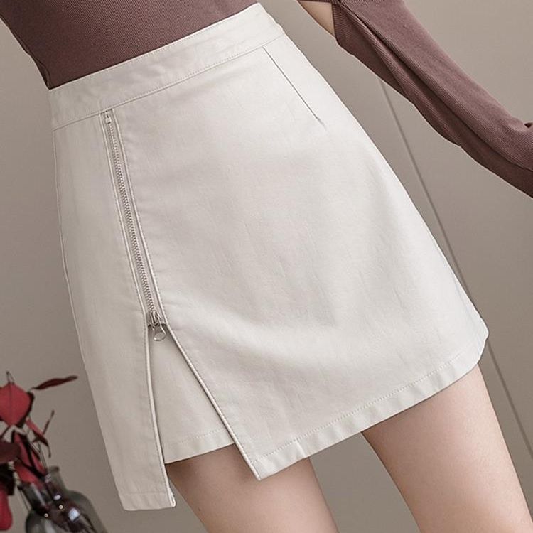 PU Leather Skirt A- Line Skirt Women's Autumn and Winter New Irregular Side Zipper Design Sense Black Hip Covering Short Skirt