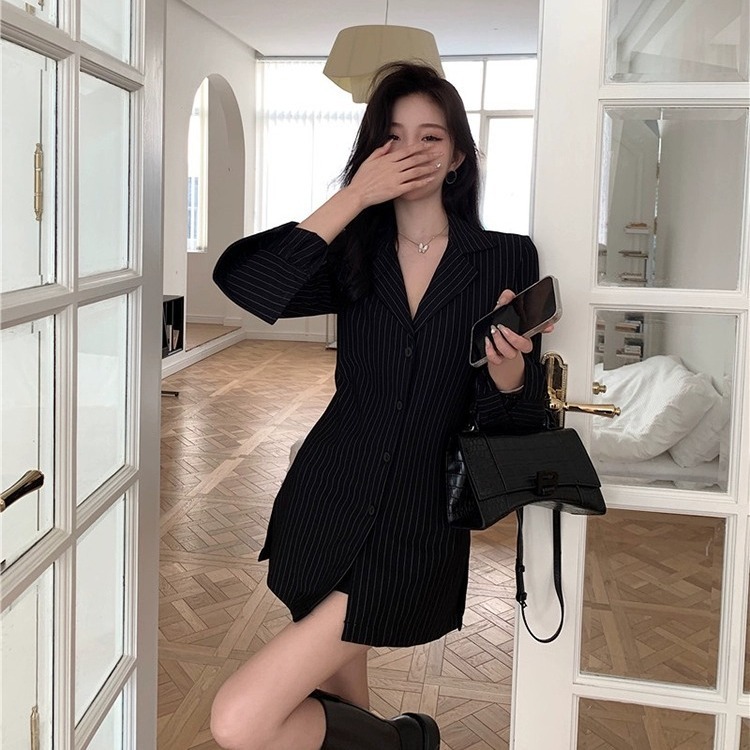 Picture of Black striped long-sleeved shirt for women Autumn 2023 New elegant all-match slim fit waist slimming mid-length top