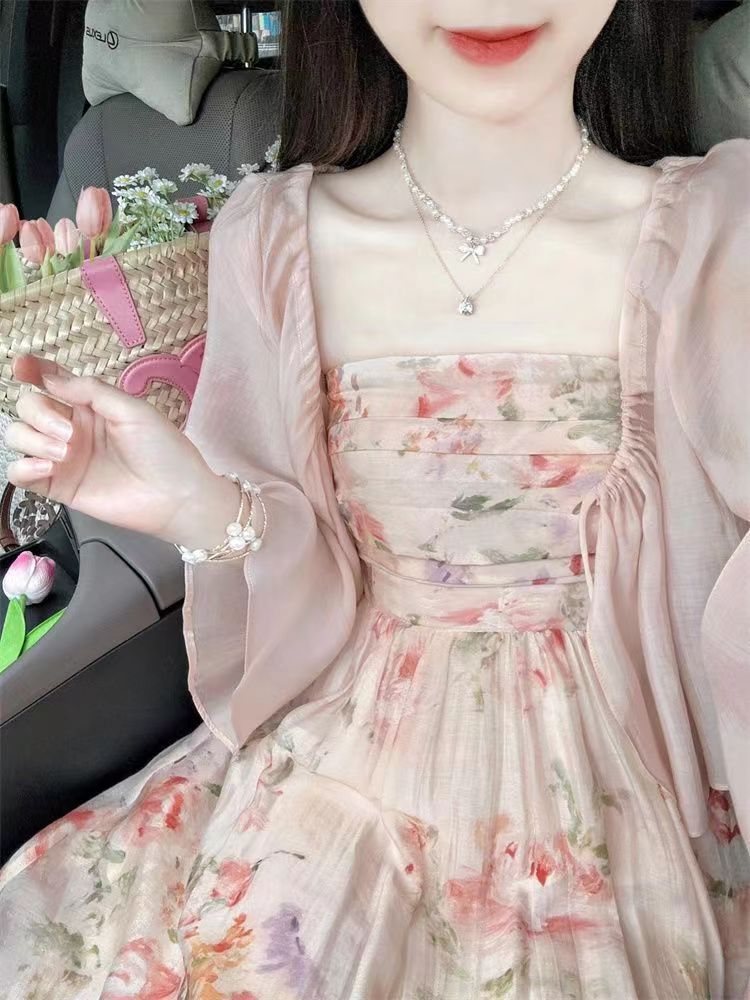 French gentle sweet age-reducing tube top floral dress women's summer outdoor sun protection shirt top two-piece suit