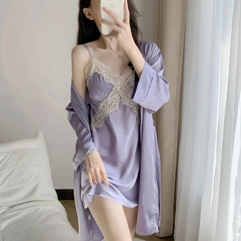 Picture of Spring and Summer Women's Pajamas, Ice Silk Thin Five-Piece Set, Sexy Camisole Nightdress, Large Size Loose Nightgown with Chest Pad, Loungewear