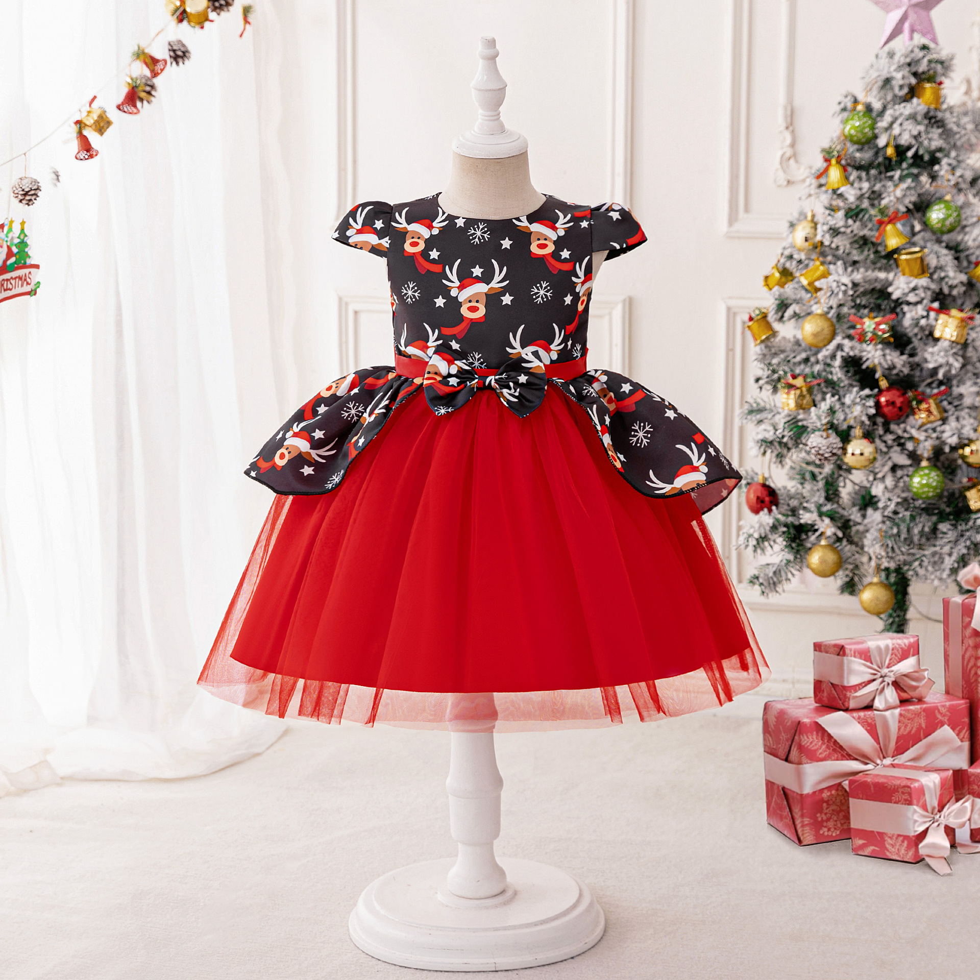 Christmas Children's Dress Girl's Flying Sleeves Cartoon Princess Dress Elk Print dress Holiday Dress