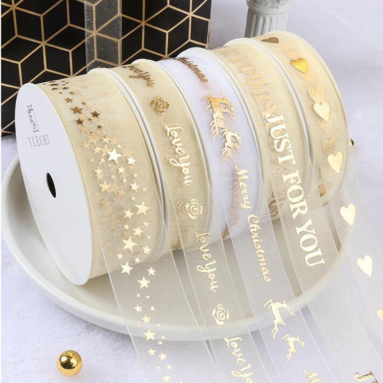 Picture of New 2.5cm gilded snow ribbon cake flowers ribbon gradient ribbon high quality gift box decorative ribbon