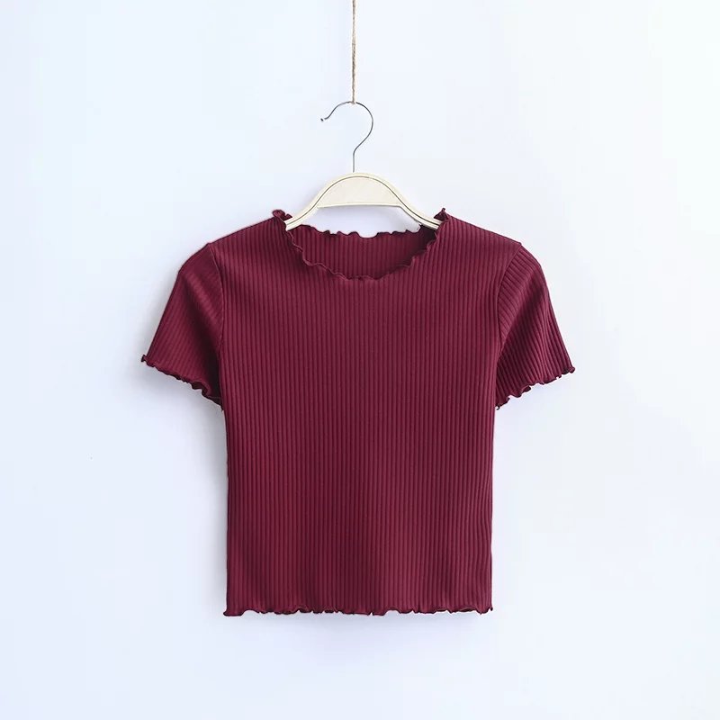 Picture of 2025 Spring and Summer New European and American Style Fashion Retro Fungus Edge Slim Short Short-Sleeved T-Shirt Tops for Women