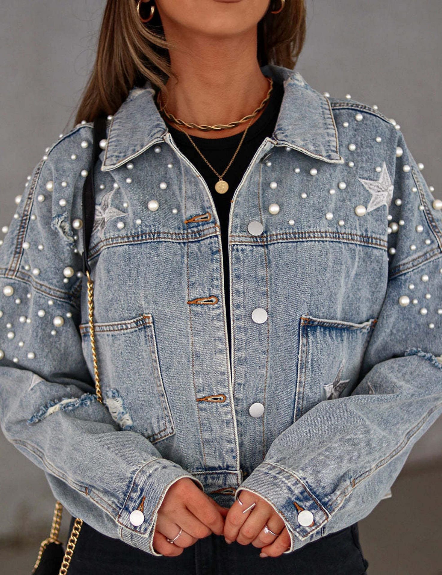 Picture of Cross Border Amazon Women's Short Pearl Beaded Denim Jacket Ripped Star Embroidered New Denim Jacket Coat