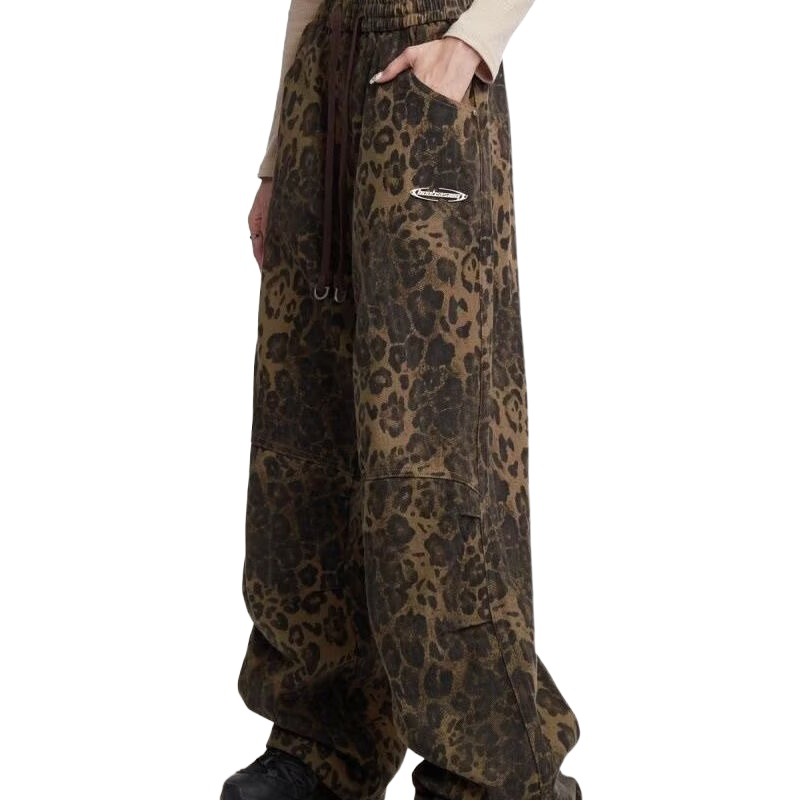 Cross-border antique vintage pants brown jacquard full printed wide-leg overalls spring American-style high street loose rest