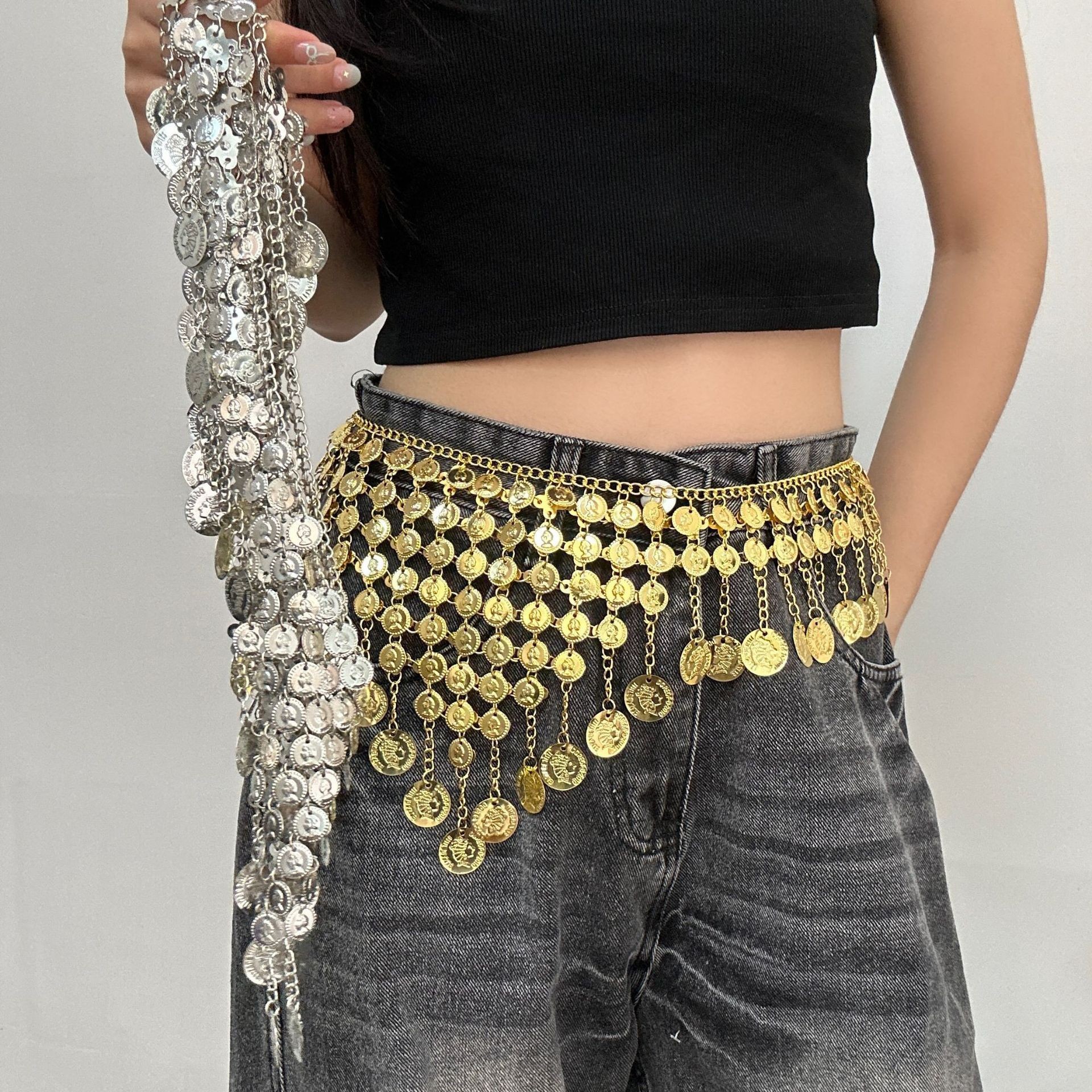 Bohemian Style Metal Round Sequin Tassel Waist Chain, Feminine Fashion Belly Dance Belt, Clothing Accessories
