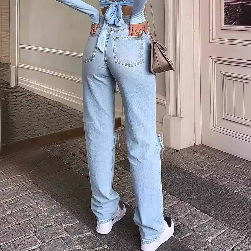 Picture of Amazon Summer New European and American Cross-Border E-Commerce Women's Ripped Jeans Women's High-Waisted Straight Casual Pants Light Blue