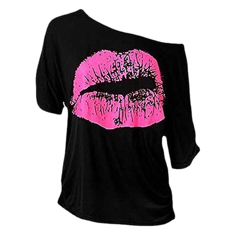 European and American Summer Lip Print Short-Sleeved T-Shirt for Women Amazon Off-Shoulder Asymmetrical Sleeve Long Fashion Slim Top