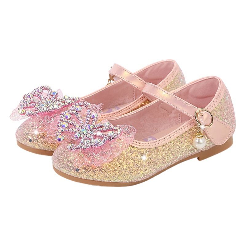 Girls Leather Shoes 2025 Spring New Plaid Soft Sole Butterfly Flower Little Girls Elsa Princess Shoes Crystal Shoes