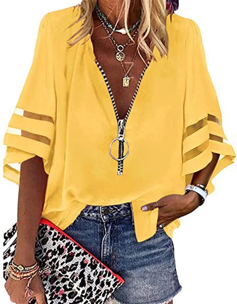 Picture of 2025 European and American Amazon New V-neck Zipper Shirt Half Horn Sleeve Mesh Stitching Loose Casual Shirt Women