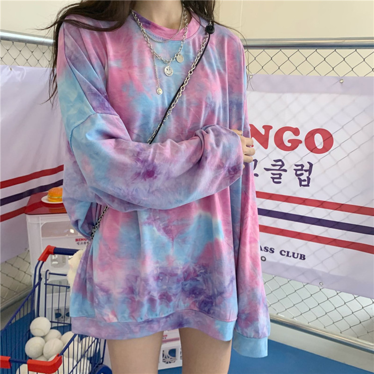 Southeast Asia 2020 Early Autumn New Loose Fashion All-match Tie-dye Round Neck Mid-length Sweater Coat Women's Trendy ins