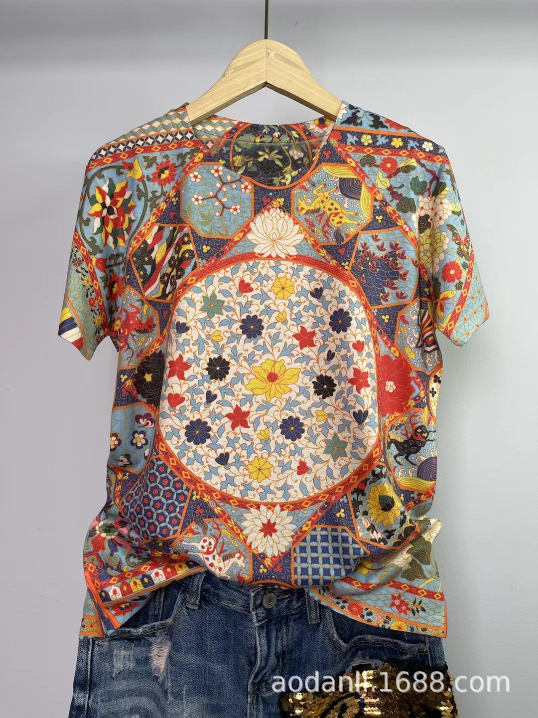 Women's New Summer Short-sleeved Printed Baby Cotton Elegant Slim-fit Round Neck All-match Casual Top T-shirt Trendy