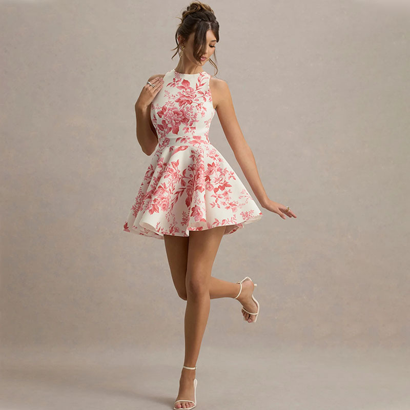 Niche Design Cross-Border New Women's Sleeveless Printed Backless Lace-Up Sexy French Elegant Slim Dress