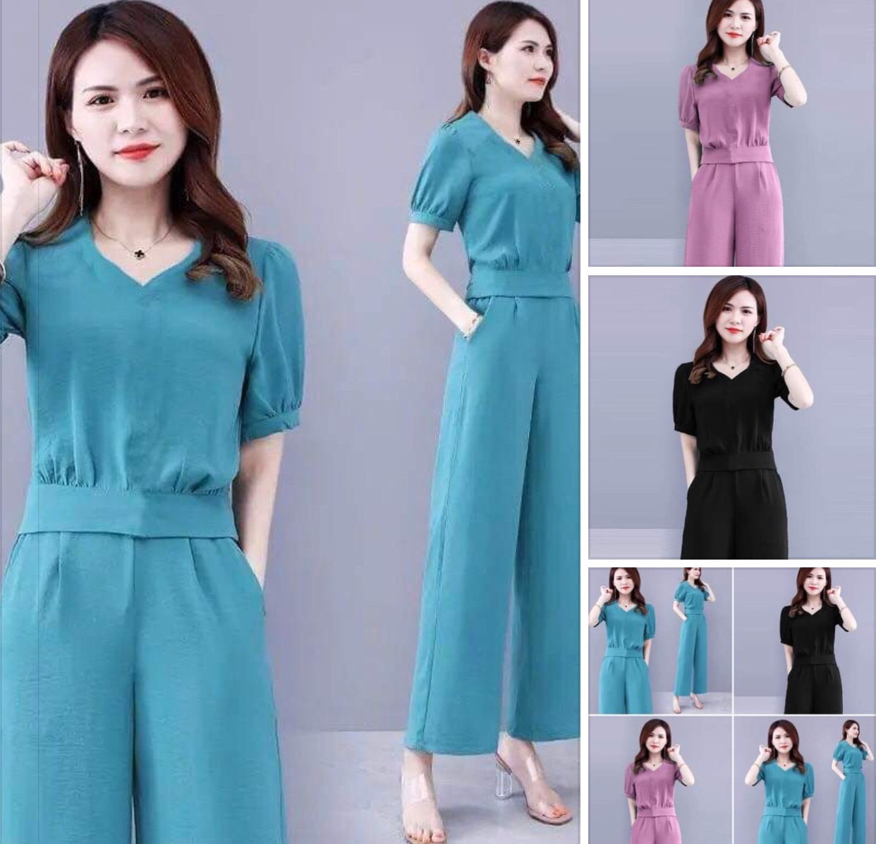 Picture of Popular Set Women's Summer 2022 New Fashion Professional Foreign Temperament Age-reducing Goddess Fan Belly-covered Two-piece Wide-leg Pants
