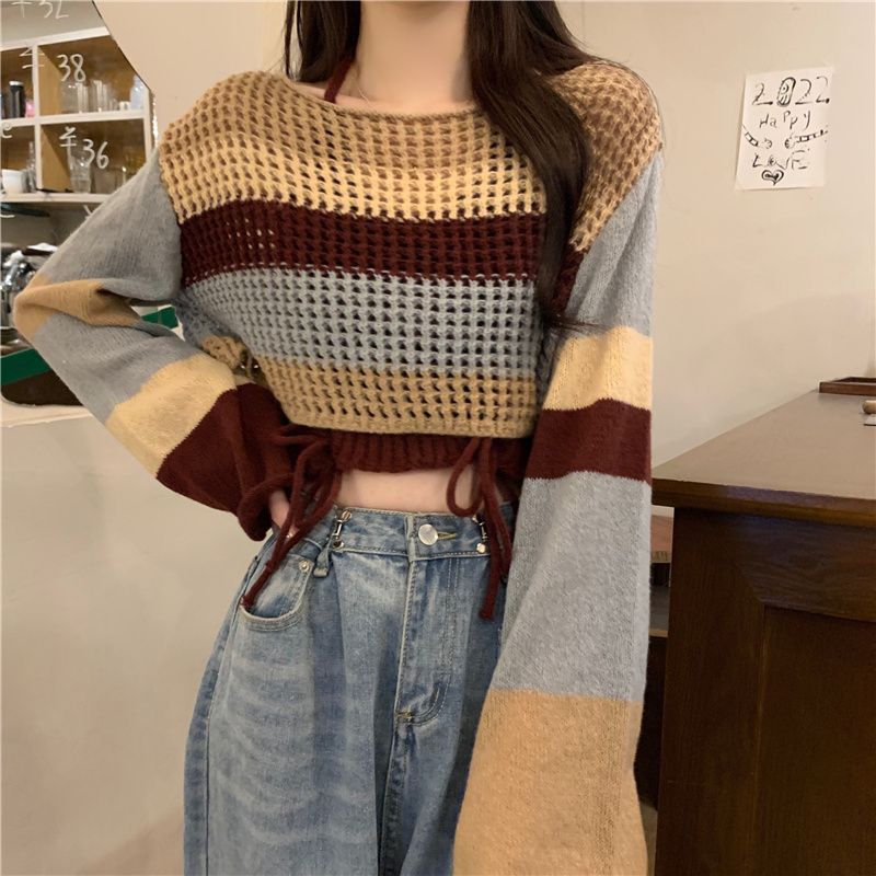 Sweet Spice Girl Summer Women's Suit Hollow Long-sleeved Knitted Blouse with Hanging Neck Camisole Fashionable Two-piece Set
