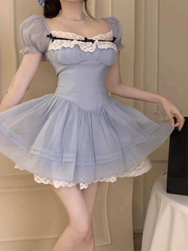 Pure Desire First Love Sweet Girl Lace Stitching Color dress Women's Spring and Summer New Waisted Gentle Puff Sleeve Skirt