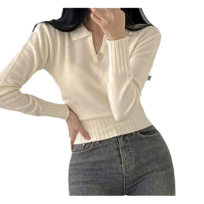 2025 New Autumn and Winter Korean Fashion Pure Color V Neck Bottoming Pullover Knitwear Slim Short Waist Knitwear for Women