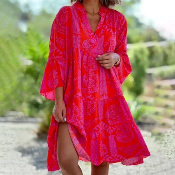 2023 Women's Cross-Border Spring and Summer New Product Eaby Amazon V Neck Trumpet Sleeve Cake Style Splicing Dress Work Clothing