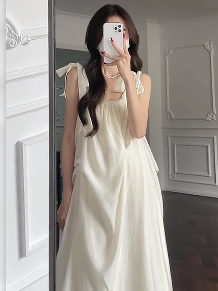 Resort Style French Dress for Women 2025 New Summer Super Fairy Forest Style Bow Strap Suspender Long Skirt