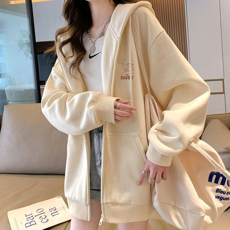 Picture of Embroidered hooded sweater women's autumn and winter fleece-lined thickened loose plus size college style casual hooded sweater cardigan coat