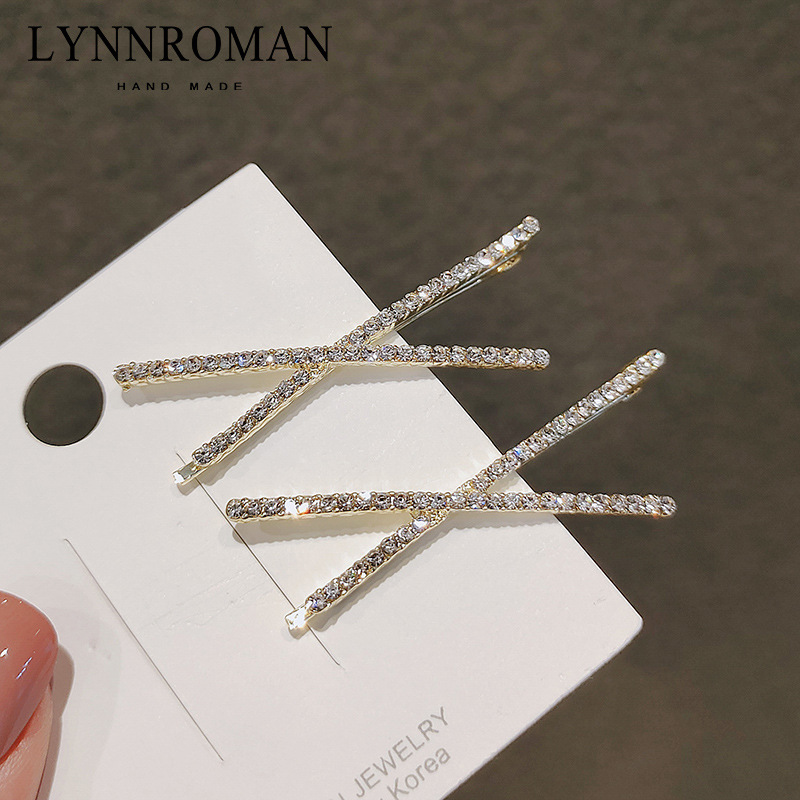 Korean Style Elegant Hair Clip Simple Cross One-character Clip Rhinestone Bangs Clip Side Clip Girl's Top Clip Internet Celebrity Women's Hair Clip