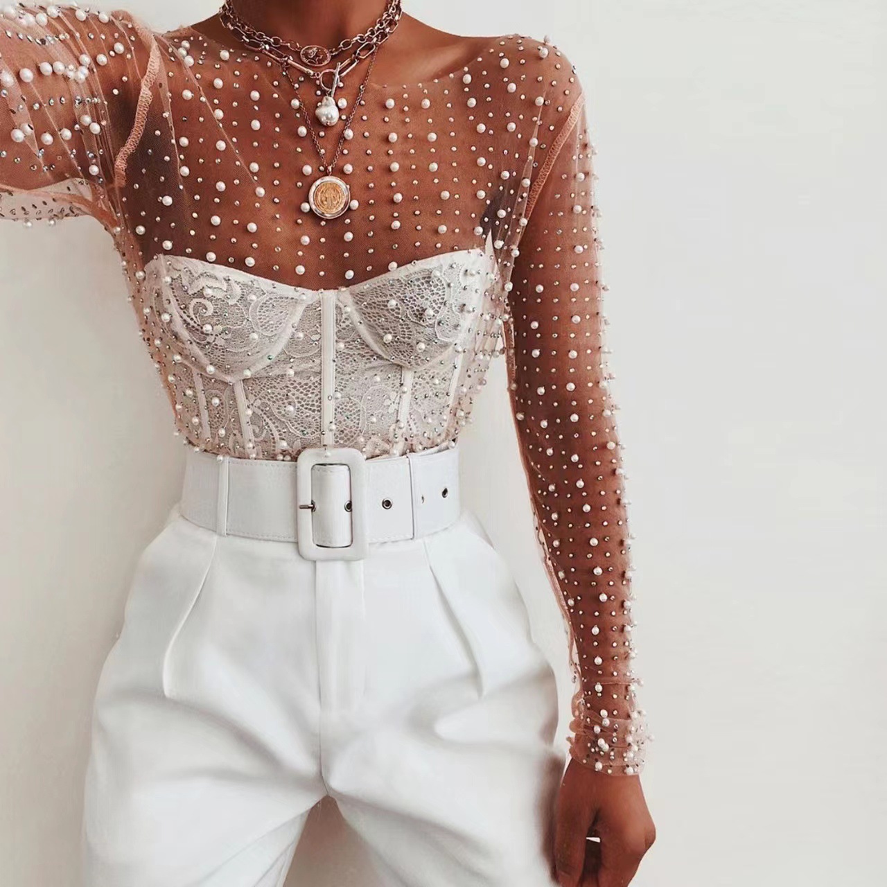 Picture of 2023 AliExpress Amazon spring and summer new hot rhinestone Pearl top elastic round neck mesh slimming heavy work transparent