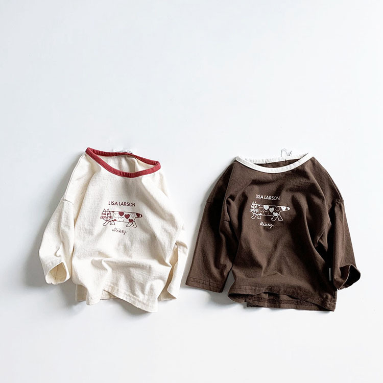Picture of Children's Korean-style Autumn Children's Wear Top Ins Simple Color-matching Edge Lovely Long Cat Long-sleeved T-shirt for Boys and Girls