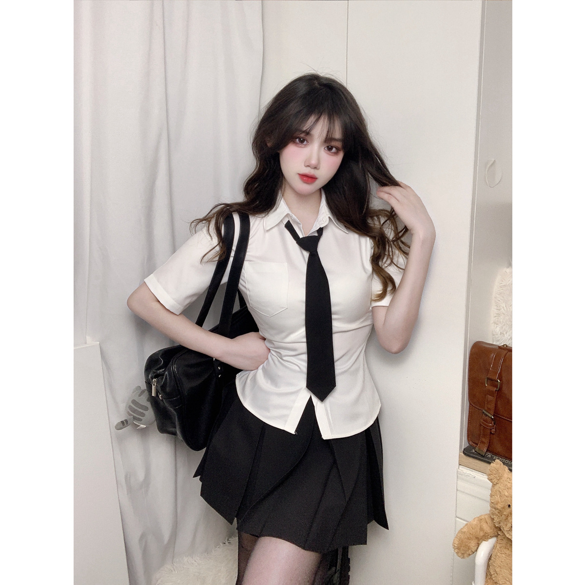 Original jk Waist Shirt Set White Short-sleeved Strap Shirt Slim-fit Slimming Pure Spice Girls Basic Top