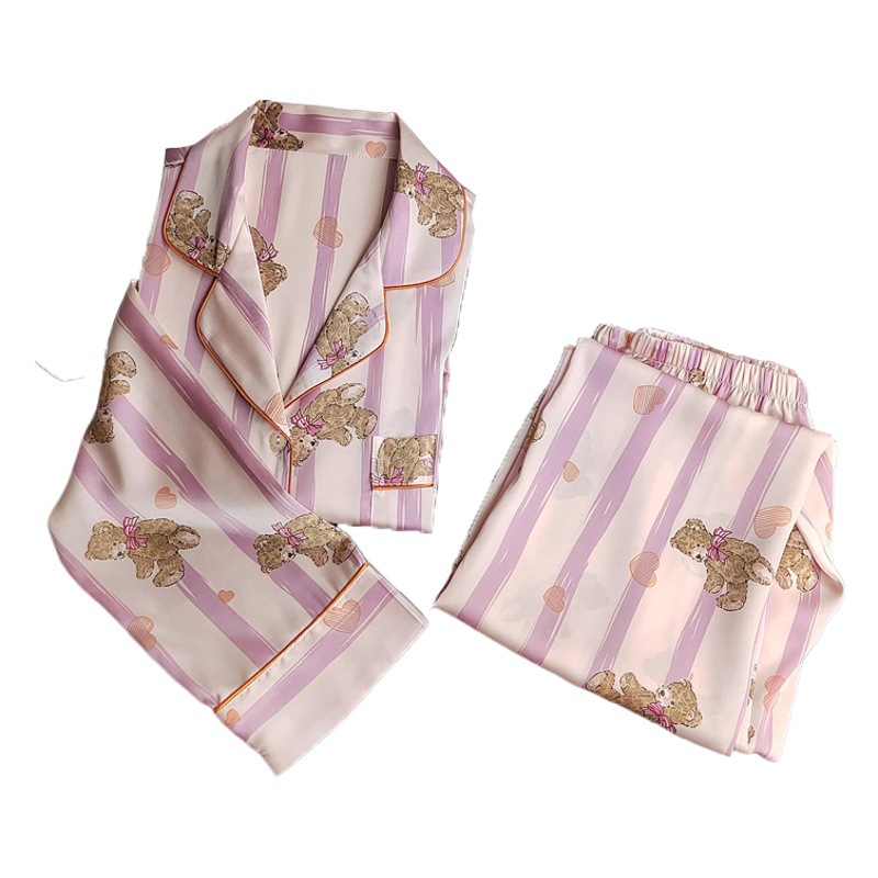 Cross-border Japanese Home Bear Pajamas Spring New Pink Striped Cartoon Home Clothes Two-piece Real Shot Wholesale