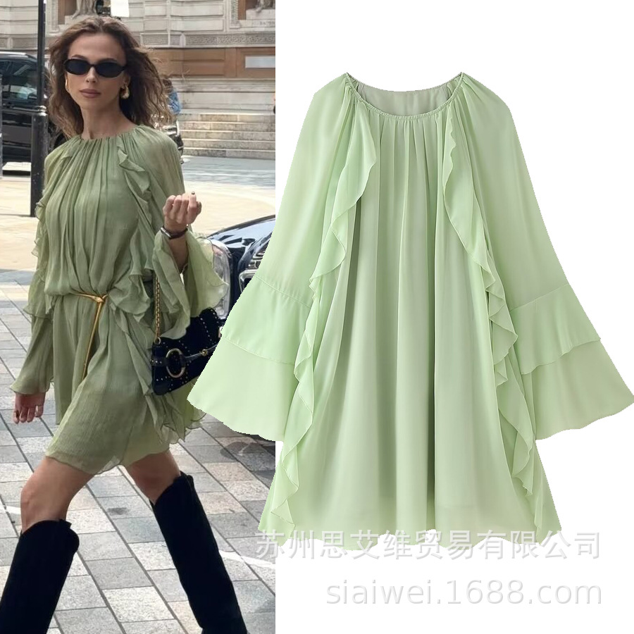 Saw Aliexpress Independent Site Women's European and American Style Fashionable Elegant Stacked Round Neck Ruffle Dress
