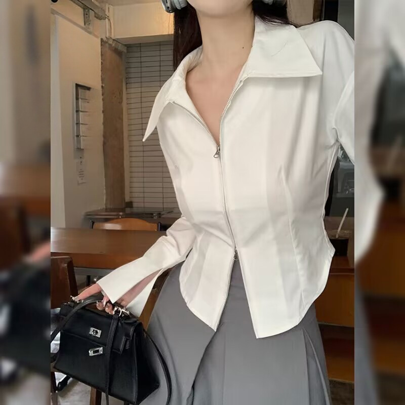 Pure Style split long sleeve shirt white short double zipper curved waist top