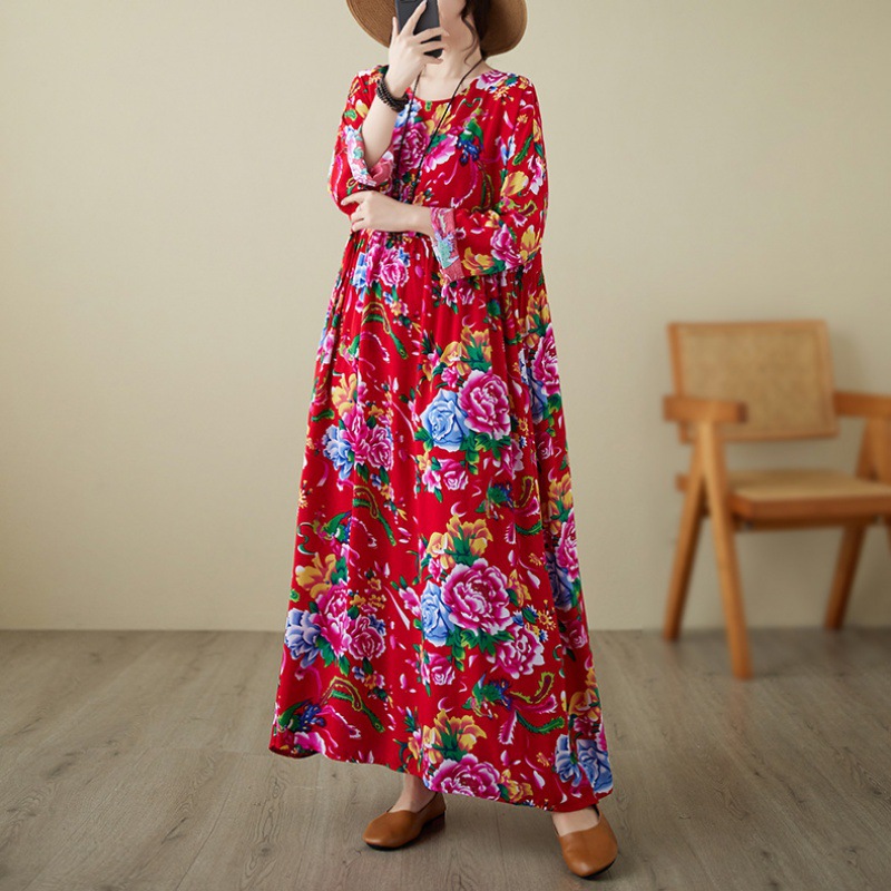 Spring and Autumn artistic northeast large flower cloth plus size chubby girl plus size plus size long sleeve extra large dress retro dress for women
