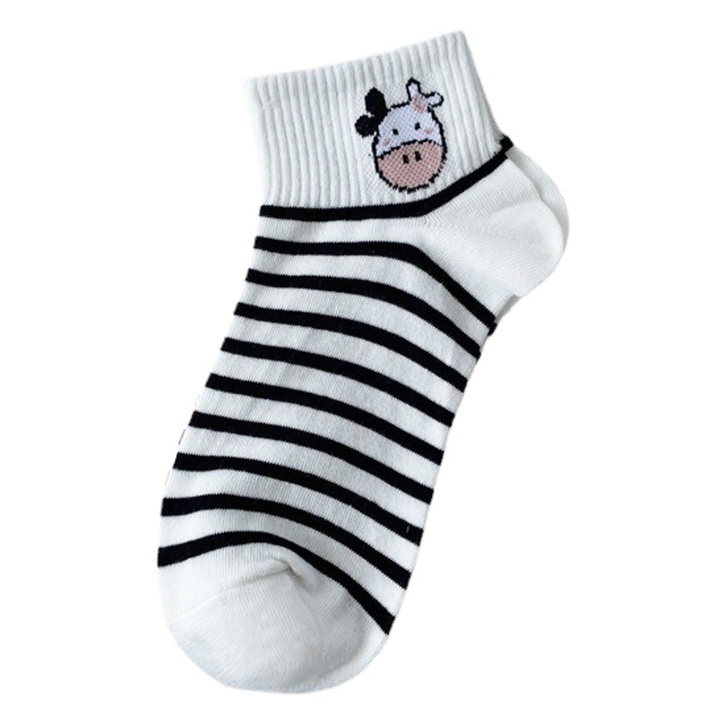 Spring and Summer College Women's Socks Cotton Socks Cartoon Black and White Cow Socks Boat Socks Summer Thin Shallow Socks