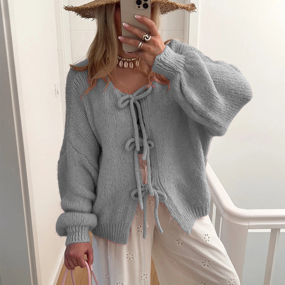 2024 Autumn and Winter Explosions V-Neck Strap Knitted Cardigan European and American Cross-border Long-sleeved Sweater Jacket Women's Casual Jacket
