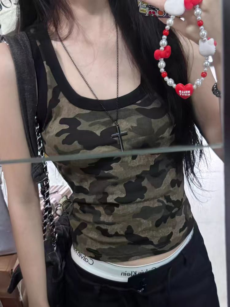 Camisole Women's Summer Outer Wear T-shirt 2024 New American Style Spice Girls American Back Short Shoulder Sleeveless Camouflage Top