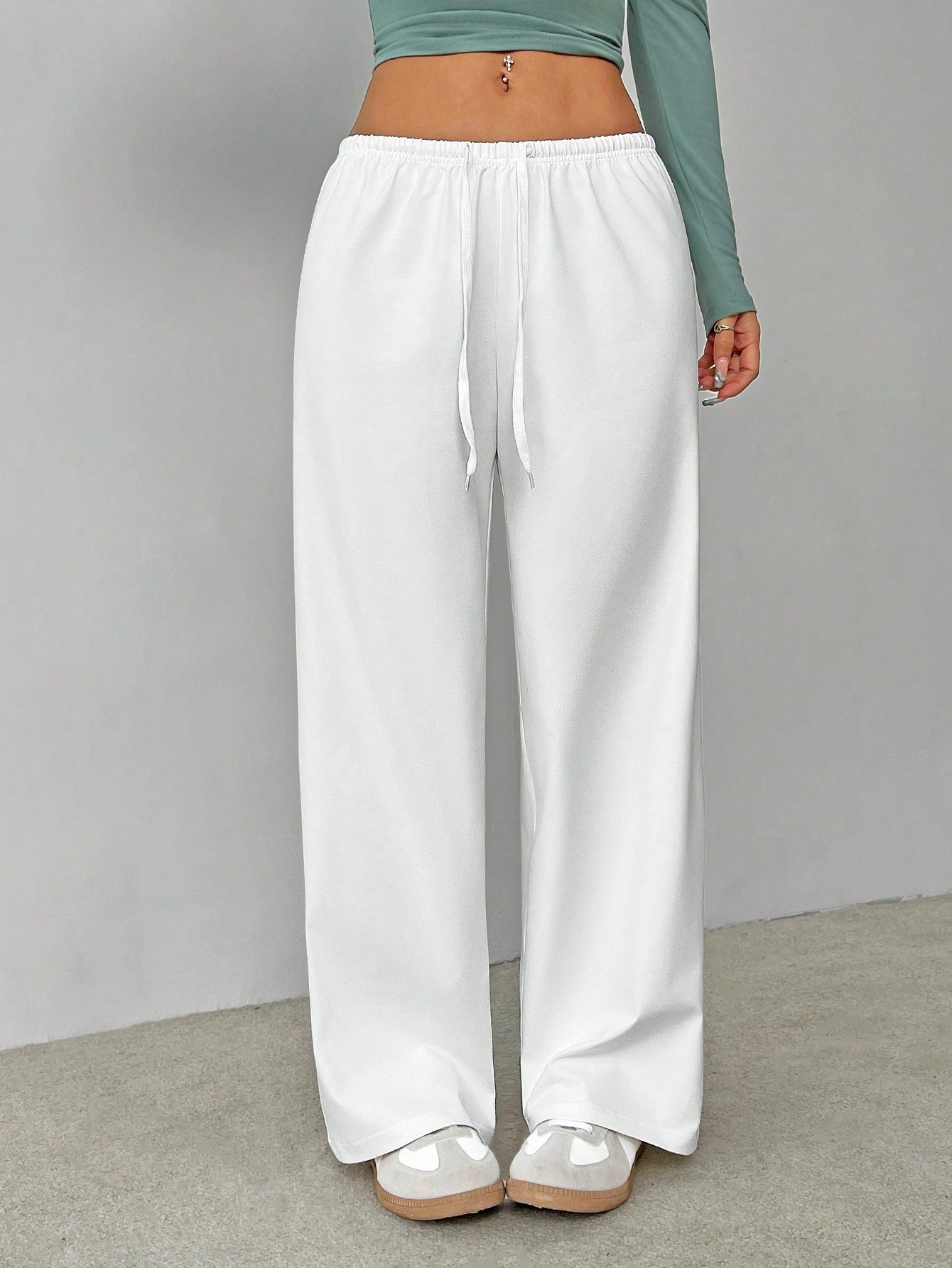 Cross-border European and American women's wear, Amazon AliExpress independent site, solid color long pants, elastic waistband, and tied wide-leg casual pants