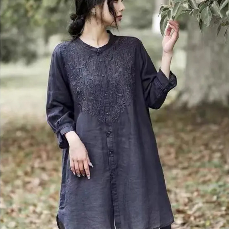 Women's Retro Embroidered Cotton and Linen Cardigan Long 2024 Summer Elegant Sun Protection Clothing Air-conditioning Shirt Casual Style Jacket
