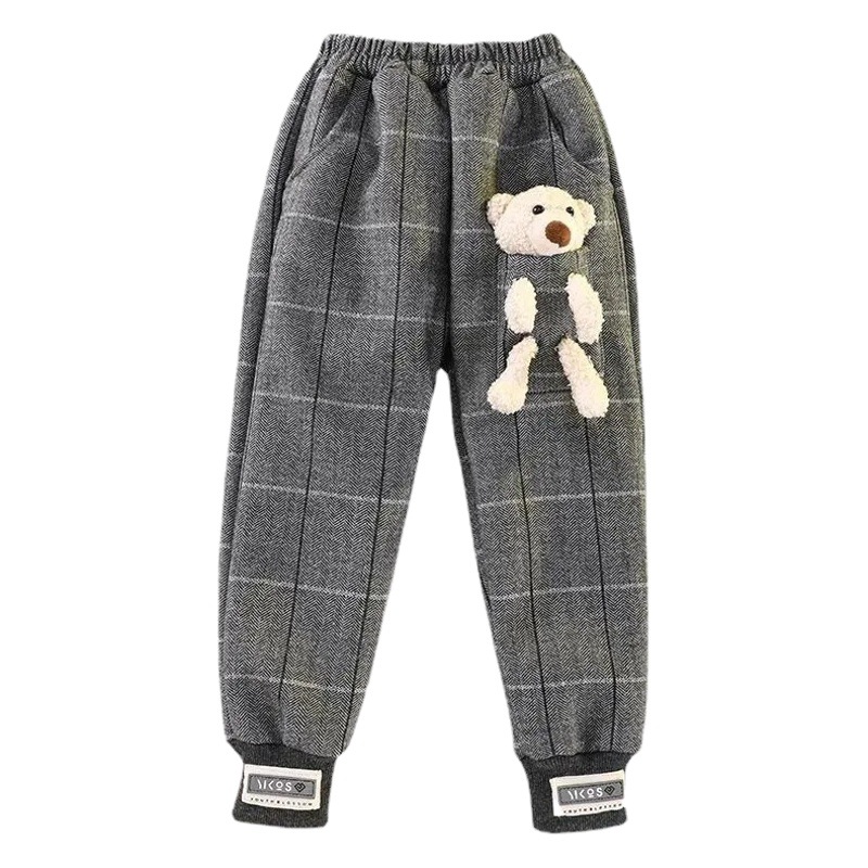 Children's Wear Winter Girls' Plaid Pants fleece-lined Thickened Middle and Large Children's One-piece Velvet Casual Pants Children's Warm Sports Pants