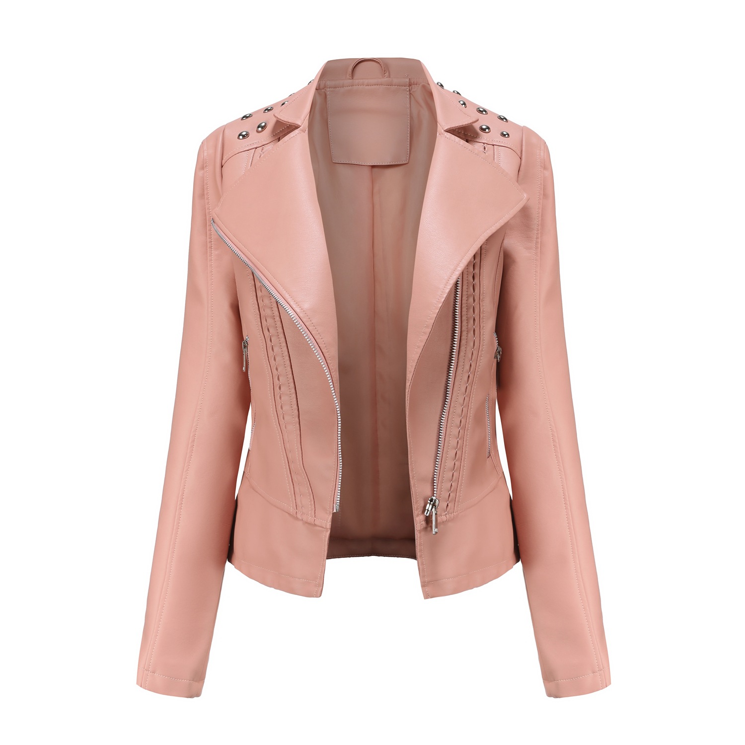 Picture of Boutique leather clothing Women Beaded Leather Jacket Lapel Spring and Autumn High-grade PU Leather Jacket