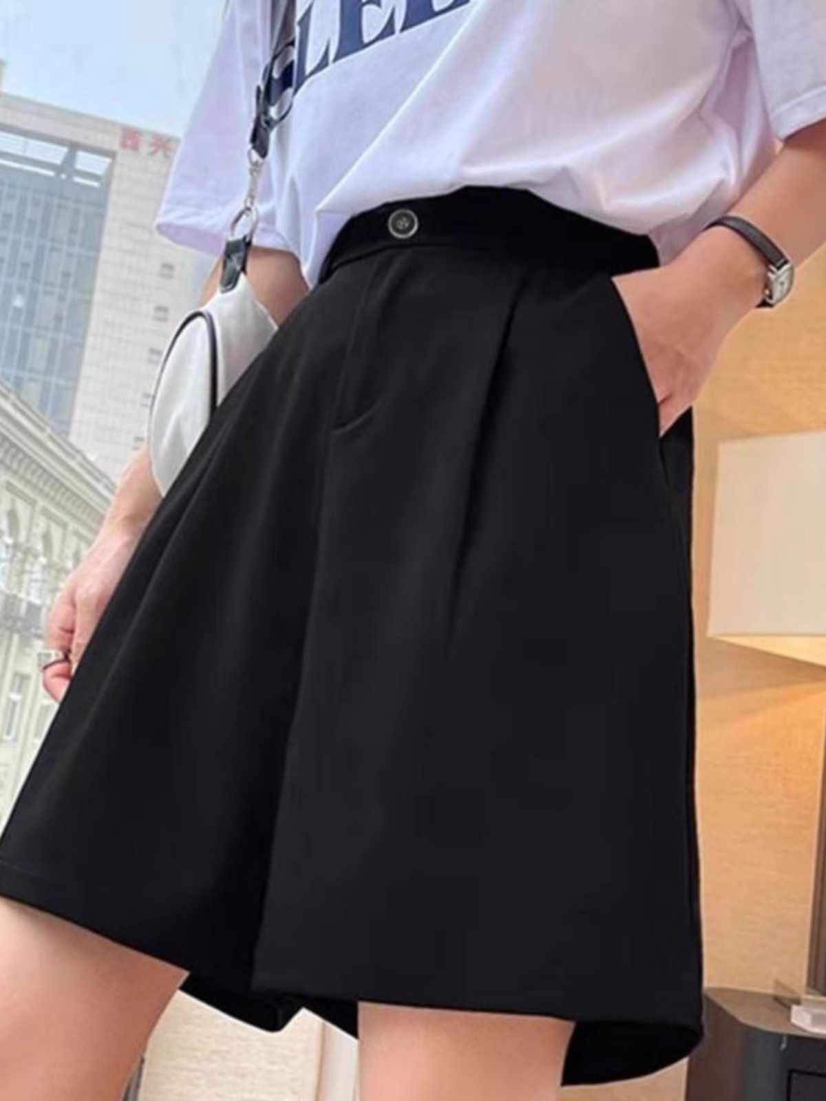 Women's Spring High-Waisted Slimming A-Line Wide-Leg Shorts Casual Knee-Length Shorts 2025 Slimming Black New Suit Pants