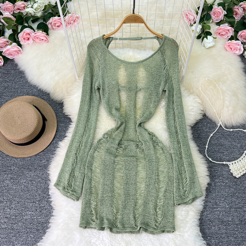 Summer Long-sleeved Hollow-out Sexy Ripped Backless Round Neck Loose Korean Style Spice Sweater Top for Women