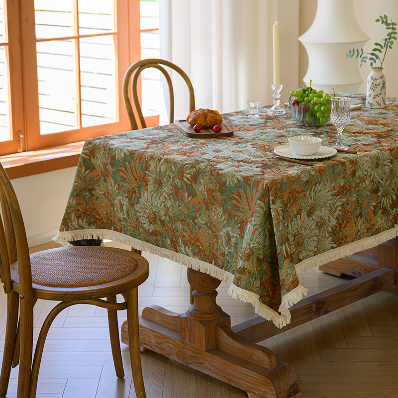 American Style Cotton and Linen Cloth Tablecloth Pastoral Style Advanced Style Dining Tablecloth Oil Painting Style Yarn-dyed Jacquard Tablecloth Coffee Table Cover Cloth